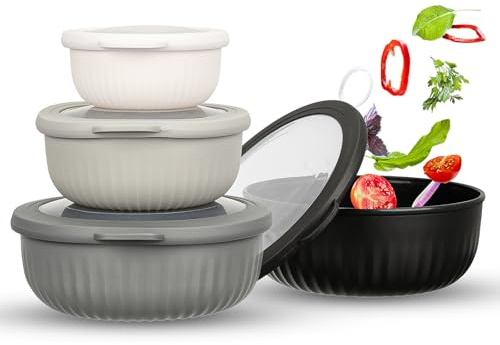 VINATO Salatschüssel Mit Deckel Set, Stapelbare Salatschüssel Rührschüssel Hefeteigschüssel mit Deckel aus TPE+PP, BPA-frei, Mikrowelle, Spülmaschine & Kühlschrank geeignet, 0.4/0.78/1.4/2.2L, Schwarz
