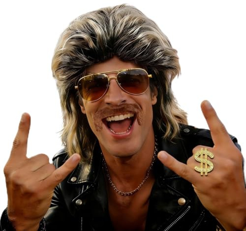 Feithmonic Vokuhila Perücke Herren, 80er 90 Jahre Outfit Männer Perücke | 5-teiliges Vokohilakleid Perücke Mann Rocker, Bart, Brille, Halskette, Ring, in grau-blond, für Karneval Halloween Fasching