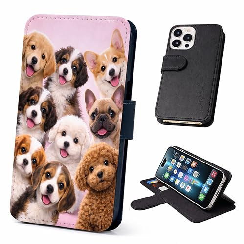 Speaking of Gifts Cute Dogs Wallet Phone Case Flip Cover Compatible with iPhone SE 7 8 X XR 11 12 13 14 15 16 17 Plus Mini Pro Max – Puppy Design, Faux Leather Dog Pink