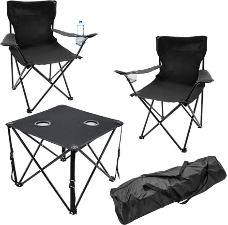 Spetebo Camping Sitzgruppe 3-teilig 1x Tisch + 2X Klappstuhl - schwarz | Garten Tischgruppe mit Klappstühlen bis 120 kg und integriertem Getränke Halter - Outdoor Angler Tisch Stuhl faltbar