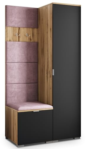 Masseno Flugarderoben Set Lori, Kleiderschrank-Set mit Sitzbank, Garderobenschrank Flur mit 3 Regalböden, Eiche Wotan/Schwarz