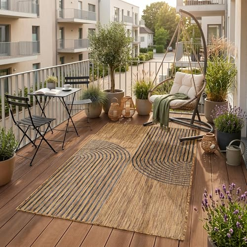 SIMPEX Outdoor Teppich Schwarz Natur Jute Optik 60x100 cm Balkon Terrasse Garten Wetterfest UV-beständig Klein Boho Design Flachgewebe Pflegeleicht Robust Modern