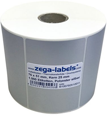 Polyester Thermotransfer Etiketten auf Rolle 76 x 51 mm aus PET Polyesterfolie silber stark haftend für Typenschilder - 1.000 Stück je Rolle - Kern: 25 mm Druckverfahren: Thermotransfer (mit Farbband)