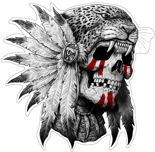 stickerdealer_chupacabra Native Jaguar Skull Aufkleber Sticker Schädel Indianer Totenkopf ca. 10x10 cm Federschmuck Katzen