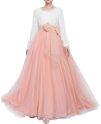 Jupe longue maxi bouffante en tulle pour femme longueur au sol coupe évasée avec ceinture à nœud taille haute pour mariage fête soirée, rose poudré, L/XL