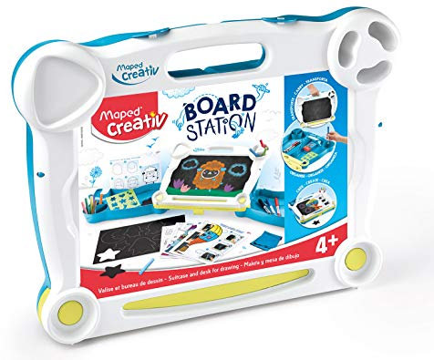 Maped Creativ Board Station - Station de Dessin pour Enfants avec Ardoise Double Face - Dessins Effaçables Craies et Feutres - Valisette de Rangement - Jouet Loisir Créatif dès 4 ans