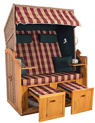 2-Sitzer Strandkorb Hörnum mit Fußablagen – inkl. Nackenkissen und Kuschelkissen Set - Ideal für Garten, Terrasse oder Balkon (Geflecht - Natur, Grün-Rot Kariert)