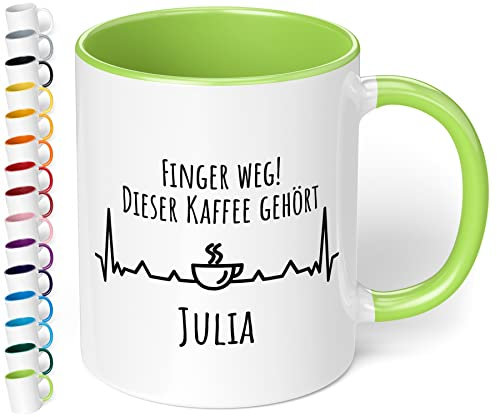 True Statements Tasse Finger weg Dieser Kaffee gehört Wunschname personalisiert - personalisierte Kaffeetasse mit Wunsch-Name - spülmaschinenfest - tolles Geschenk zu Weihnachten, für Büro - hellgrün