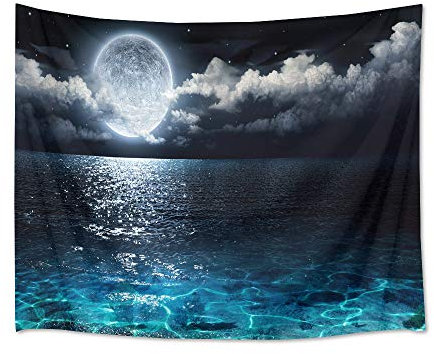 HVEST Ozean-Wandteppich, Wandbehang, blaues Meer, Nachthimmel, natürliche Landschaft, Wandteppich, Mond über dem Ozean, Hippie-Kunst, extra große Wandteppiche für Wohnzimmer, Indie-Dekor, 240x170 cm