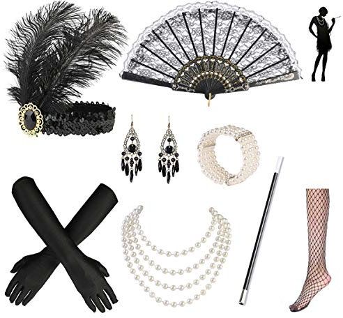 Nabance 20er Jahre Accessoires Gatsby Accessoires 1920s Kostüm Damen Flapper Accessoires Set 20er Jahre Zubehör Set Retro Style Stirnband Set-8 Stück