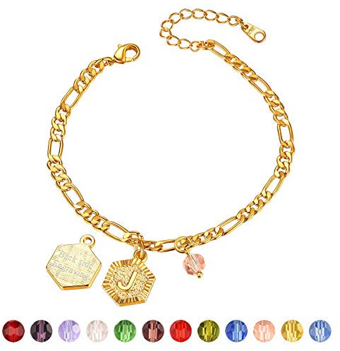 FOCALOOK 18k vergoldet Fußkette für Damen Mädchen personalisiert Hexagon Anhänger Buchstabe J mit 22cm Figarokette trendige Initiale Fußkettchen Armband Sommer Strand Accessoire