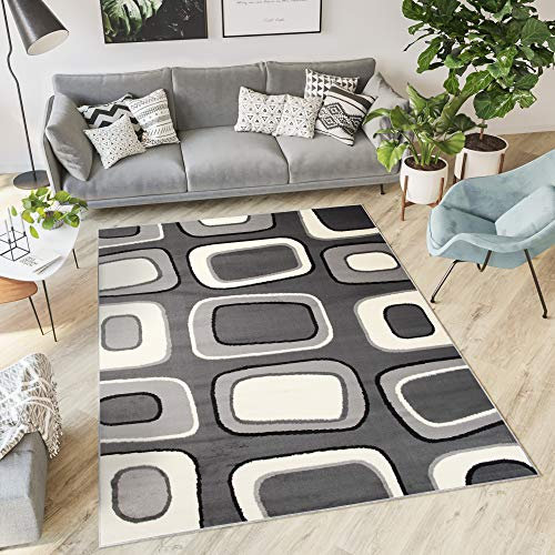 TAPISO Dream Teppich Wohnzimmer Kurzflor Modern Grau Weiß Schwarz Figuren Kreise Geometrisch Schlafzimmer Esszimmer ÖKOTEX 160 x 230 cm