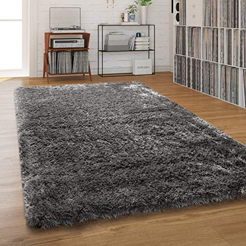 Paco Home Hochflor Teppich Wohnzimmer Shaggy Pastell Einfarbig Weich Flauschig Langflor, Grösse:80x150 cm, Farbe:Anthrazit