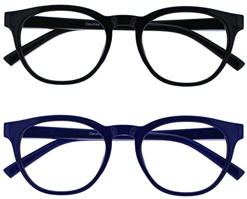 OPULIZE Blu - Occhiali Filtro Luce Blu Set da 2 Montatura Tonda Fashion Cerniere a Molla Migliorano il Sonno Gaming Computer Anti Riflesso Nero Blu Uomo Donna BB5-13 +0.00