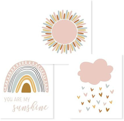 Guying Art Mädchen Boho Rosa Regenbogen Wolken Du bist mein Sonnenschein Kinderzimmer Poster Leinwanddruck Wandkunst Bild für Kinderzimmer Wohnkultur 21x30cmx3 Rahmenlos