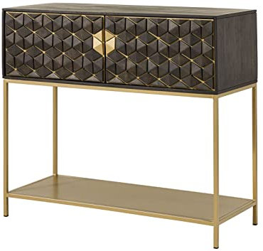 MASSIVMOEBEL24.DE Diamond Bar Massivholz, Hausbar massives Holz Mango grau geölt, Eisengestell, 2 Türen, 2 Fächer, 1 Ablage, Glashalterungen bis 20 Gläser, Push-to-Open, Ornamente, Mosaik in Gold
