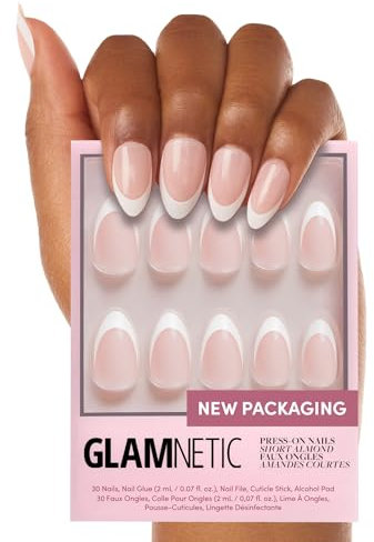 Glamnetic Press On Nails - Ma Damn | French Tip, UV Finish Short Pointed Almond Shape, Reusable Semi-Transparent Nails in 12 Sizes - 24 Nail Kit with Glue