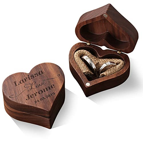 Boîte de rangement en bois pour bague de mariage avec aimant - Cadeau pour demande en fiançailles - Nom gravé - Forme de cœur - Noyer