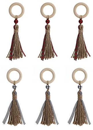 6 Stück Quasten Holzperlen Serviettenringe, Plaid Wood Perle Serviette Ringe, Serviettenringe mit Quasten und Holzperlen, Gelten für Diner, Party, Tischdekoration(Zweifarbig)