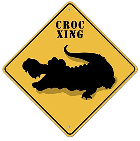 Vorsicht Krokodil Xing Metall Blechschild Krokodil Kreuzung Warnschild Retro Lustig Straßenschild Rhombus Form Straße Metallschild für Straße Landbar 10 Zoll