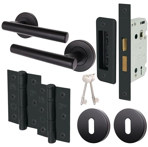 EAI Black Key Lock Door Handle Set | Round T-Bar Internal Door Handles, Sash Lock (80mm Case), Hinges (76mm) & 2 Escutcheons | Matt Black Oliena Range