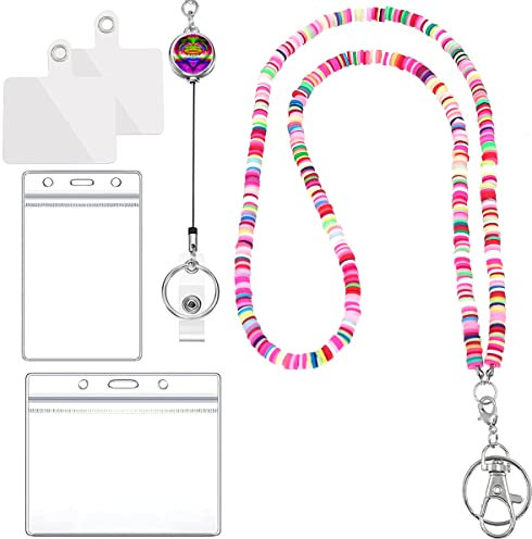 Boho-Perlen-Schlüsselbänder für Ausweisabzeichen mit 2 Schnallen + 2 Stile Ausweishalter + 2 Handy-Haltebänder niedliches Schlüsselband Lehrer einziehbare Abzeichenrolle Lanyards Halskette