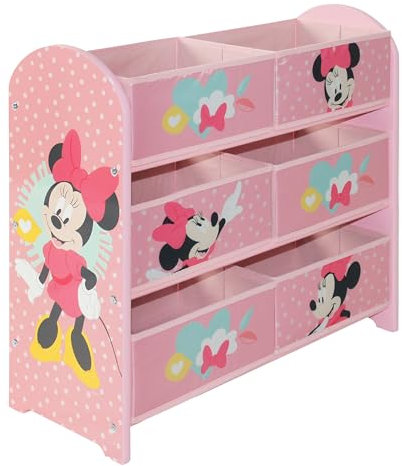 Disney Classic Minnie Maus Spielzeug-Aufbewahrungseinheit, 6 Boxen für Schlafzimmer, aus Holzwerkstoff/Stoff/Metall, einfache Montage und Reinigung