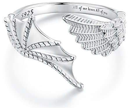 NewL Flügel-Fingerring für Damen und Herren, passender Dämonen-Drachenflügel, Liebesherz-Anhänger, Halskette, Paar, Familie, Freundschaft, Sterlingsilber