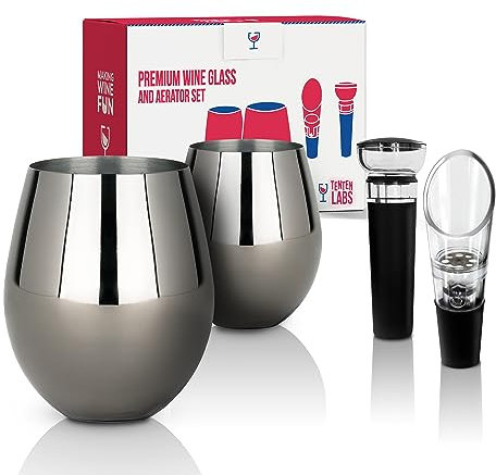 TenTen Labs Weinglas aus Edelstahl mit Weinbelüfter und Stopfen – 530 ml – niedliche, unzerbrechliche Weingläser für Reisen – Camping und Pool – Ausgefallen für Picknick und Outdoor (2er-Set) –