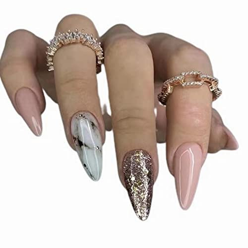 24 pièces/ensemble Faux ongles Ongles en acrylique Ongles couvrants Brillance longue durée Convient aux femmes et aux jeunes filles (Poudre et blanc)