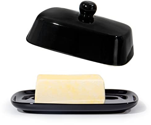 Theo&Cleo Beurrier en céramique écologique en porcelaine pour 250 g - Passe au lave-vaisselle - Design rectangulaire - Noir