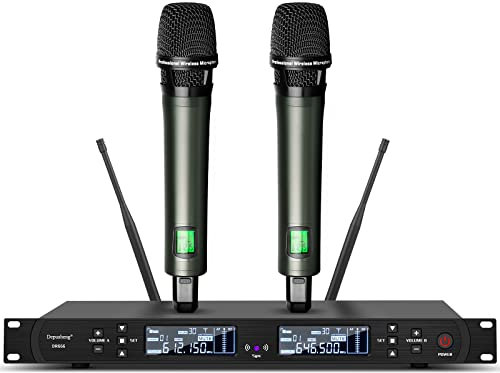 Depusheng DR666 Microfono wireless professionale Karaoke Doppio microfono senza fili palmare, scocca in metallo, ricezione a lunga distanza 100 metri, dedicato per il palcoscenico del bar