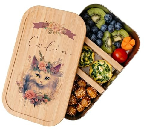 Manufaktur Liebevoll - Personalisierte Elfen u. Feen Brotdose m. Fächern, Edelstahl Lunchbox I Bambus Deckel u. Trenner, Brotbüchse | Kinder, Mädchen (Motiv Celia, Edelstahl | Größe S)