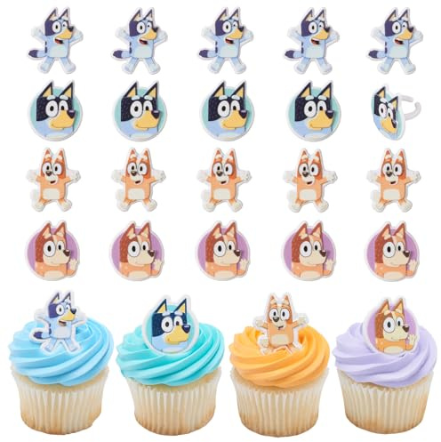 DecoPac Bluey So Much Fun Rings, 24 Cupcake Decorations Featuring Bluey, Bingo, Bandit, and Chilli, 3D Food Safe Cake Toppers – 24 Pack