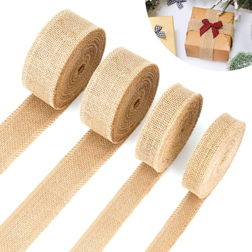4 Rollen Juteband Breit 2.5/3/4/5cm×10m, Geschenkband Juteband Natur, Sackleinen Band als Dekoband für Geschenkverpackung, DIY Handwerk, Leinenband Breit für Hochzeit, Weihnachten(10m/Rollen)