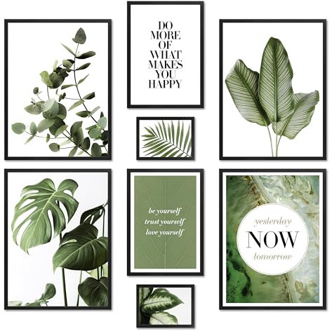 ARTFAVES® Poster Set - ELEGANTE BOTANIK - mehrteilige Wanddeko Wohnzimmer & Schlafzimmer, Badezimmer - 8 moderne Wandbilder Eukalyptus, Monstera, Pflanzen, grün, natur - mit Rahmen Schwarz