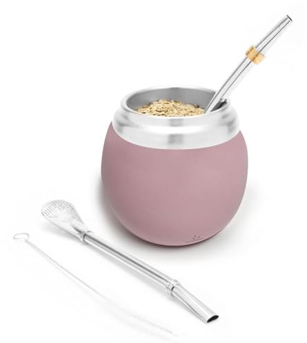 balibetov Calabaza Moderna - Juego Yerba Mate Gourd (Taza Mate) - Doble pared de acero inoxidable 18/8 - Incluye dos bombillas y un cepillo de limpieza (Rosa)