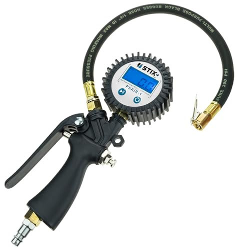 STIX PSAIR-1 Digitaler Reifenfüller mit LCD Manometer – 250 PSI Druckbereich, Gummischlauch, Schnellkupplung – Auto, Motorrad, LKW
