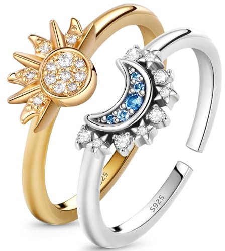 Sole e Luna Anelli in Argento 925 con Cuore - Gioielli Donna Regolabili - Regalo per Amica