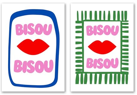 SALVADERO 2er Set Pop Art Poster 'Bisou Bisou – 2er Set' – Trendige Bunte Wanddekoration – Kleinformat A3 42x30 cm – Ohne Rahmen