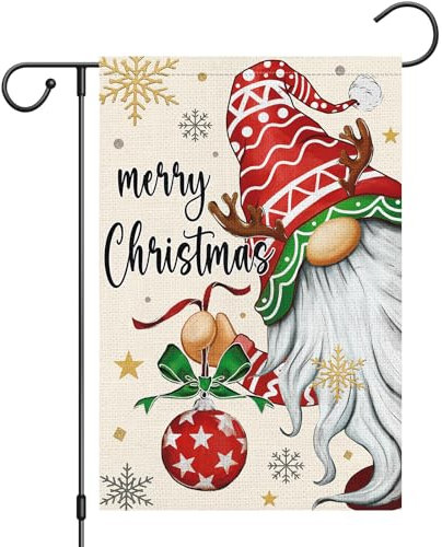 Heyfibro Bandera de jardín de gnomo de Feliz Navidad de 12 x 18 pulgadas, arpillera de doble cara, bola de Navidad, copo de nieve, banderas de jardín para invierno, vacaciones, Navidad, patio,