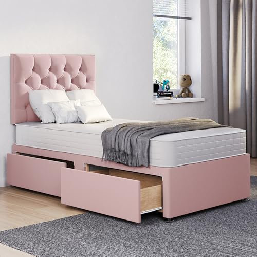 ComfoRest - Luxurious 3FT Single Divan Bed with Mattress, 24 Chester Headboard & 2 Spacious Drawers | Elegant Design with Storage for Modern Bedrooms (Pink Plush)