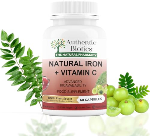 Authentic Biotics 60 Natural Vitamin C & Iron Supplement Capsules Support Iron Deficiency, Anemia | Energy Tablets for Reducing Tiredness and Fatigue | 100% Vegan Plant-Based Supplement (Pack of 1)