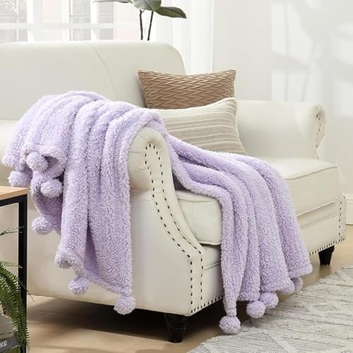 HORIMOTE HOME Ultra Soft Cozy Fleece Sherpa Throw Blanket, Light Weight Warm Decorative Throw Blanket with Tassel, Purple Reversible Boho Blanket for Sofa, Couch, Bedroom,Travel, 152x203cm