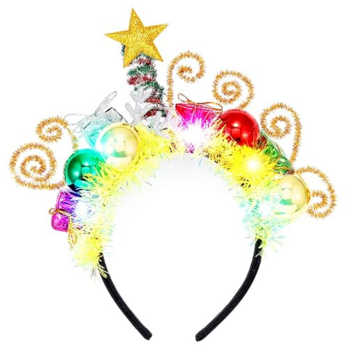 Zoestar Bandeau de Noël lumineux à LED dorées avec boules de Noël - Accessoire de cheveux pour femme