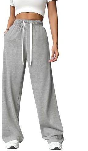 PINSPARK Jogginghose Damen Sporthose Lang Baggy Traininghose High Waist Freizeithose Lockere Sweatpants mit Elastischem Bund Weites Gerades Bein Yoga Gym Hose Laufhosen Hellgrau S