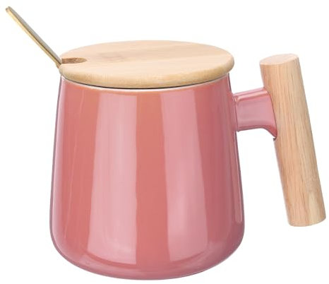 QUARKZMAN Tasse à Café en Céramique 12.85 Oz Simple Poignée en Bois Grande Tasse à Thé Tasses en Céramique Artisanales Ensemble Cadeau Avec Couvercle et Cuillère, Rose