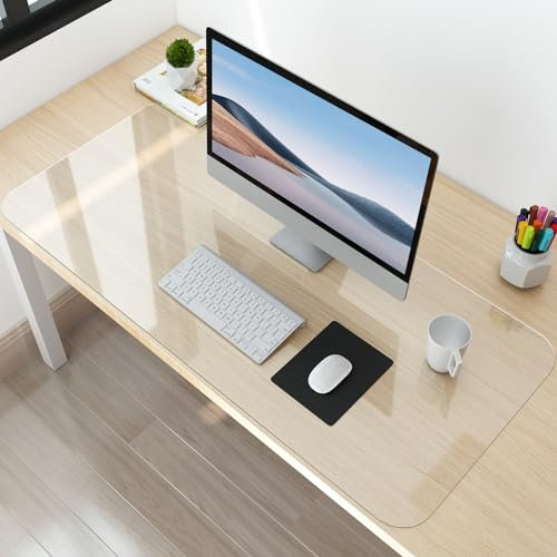 NATRKE Schreibtischunterlage Transparent, 90x50x0.15cm Schreibunterlage Groß Klare Durchsichtige Schreibtischmatte Unterlage Tischschoner Rutschfeste Runde Kanten Schreibunterlage für Büro Zuhause