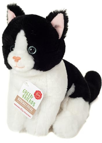 Teddy Hermann 91843 Katze sitzend schwarz-weiß 20 cm, Green Friends nachhaltiges Kuscheltier mit idealem Recyclinganteil (Füllmaterial)