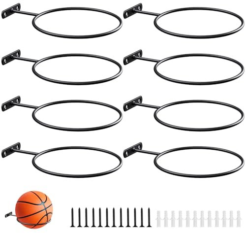 QTJUST Mounted Ball Wall Storage Display Universal Ball Rack Metal Black Rack Holder Space Saver for Basketball Football Volleyball Soccer Storage Display (6in/8Pcs)